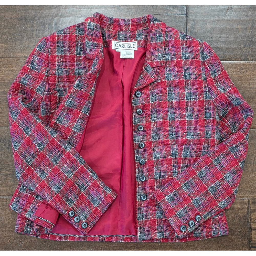 VTG Preppy Goth 90s Plaid Wool Blend Tweed Blazer Jacket Size 12 Multi Button